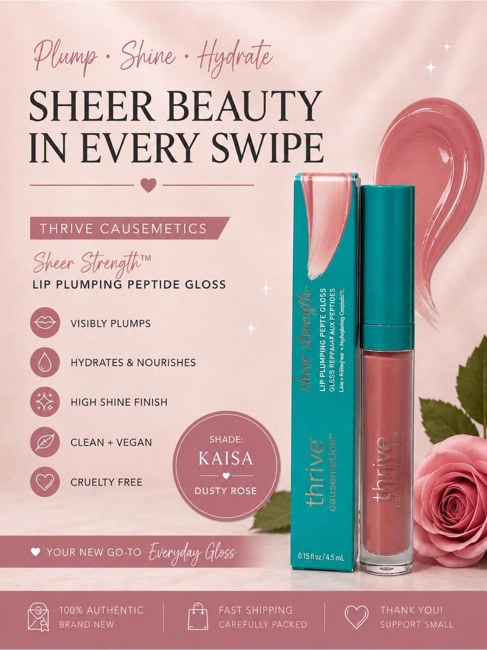 Thrive Kaisa Sheer Strength Lip Plumping Peptide Gloss-dusty rose, vegan, gentle